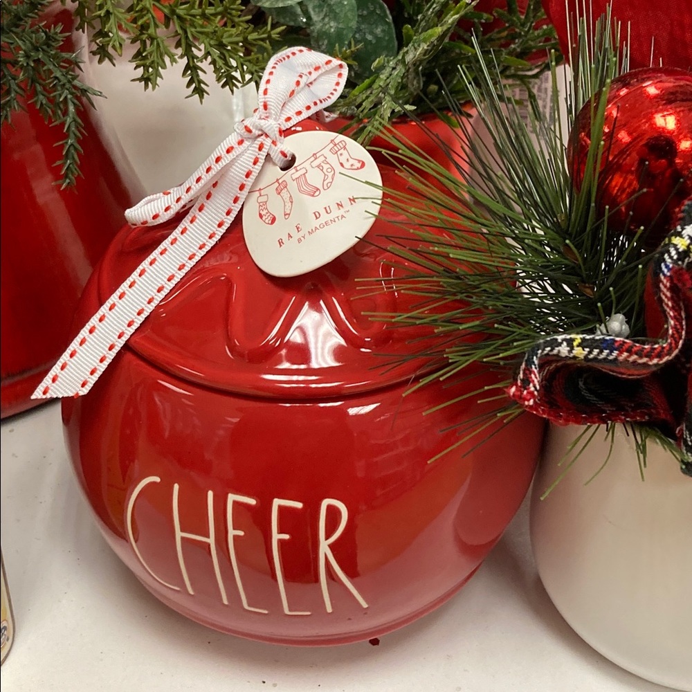 New Rae Dunn "Cheer" Red Ornament Small Canister